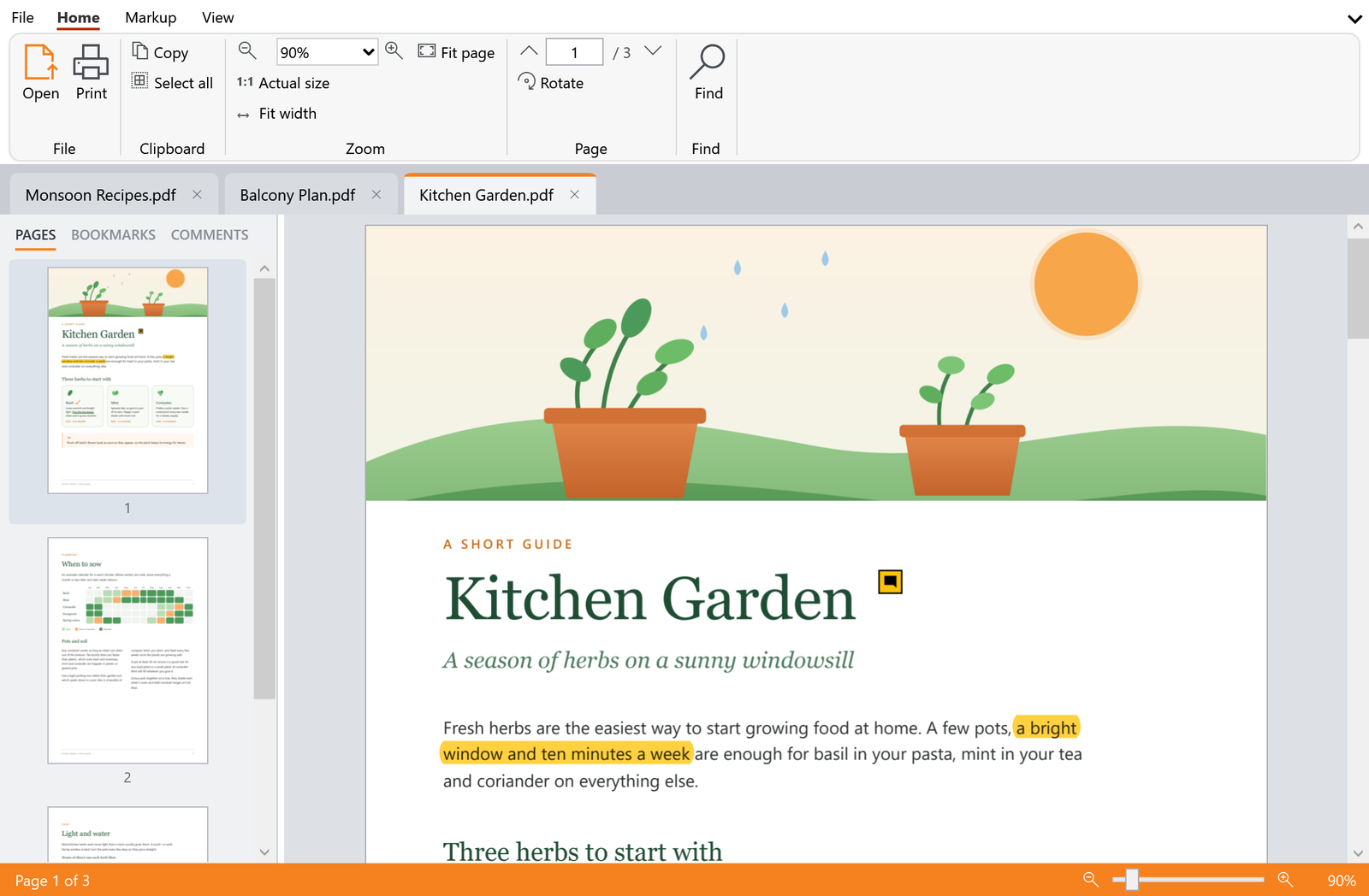 PDF Central with three PDFs open in tabs and page thumbnails on the left, showing an illustrated guide marked up with a highlight and a sticky note